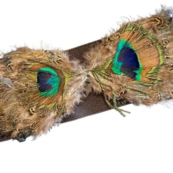 Colorful Peacock Feather Brown Stretchy Belt - Picture 4 of 7